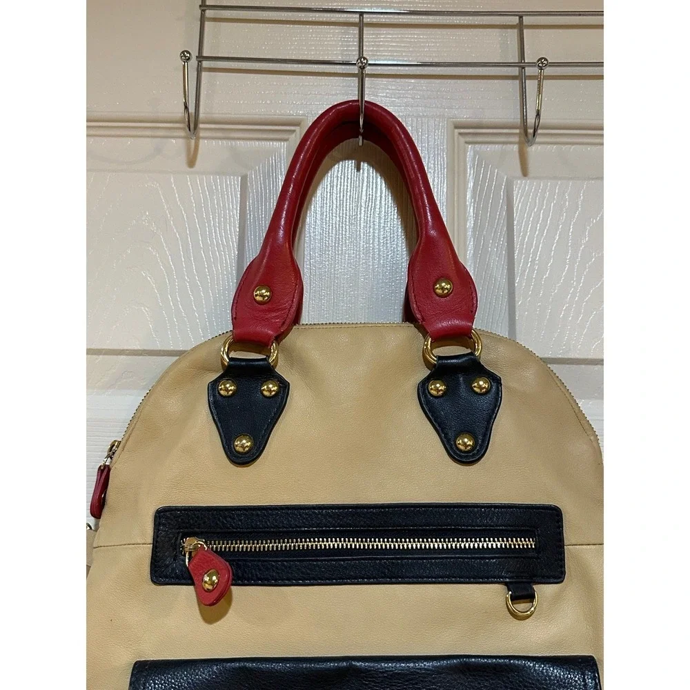 Emma Fox Leather Colorblock Satchel Backpack Beige Black Red Gold Turn Lock